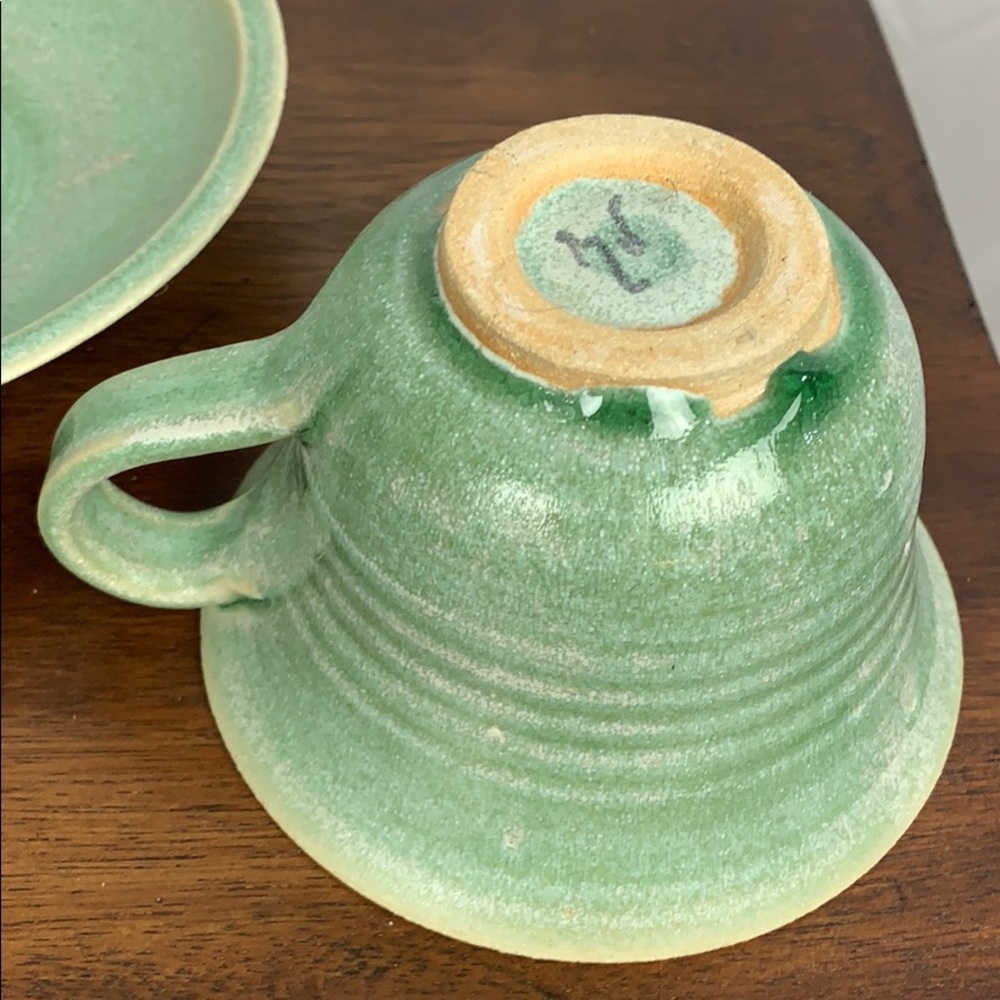 Extra Large Green Handmade Pottery Cup & Saucer - Picture 2 of 6